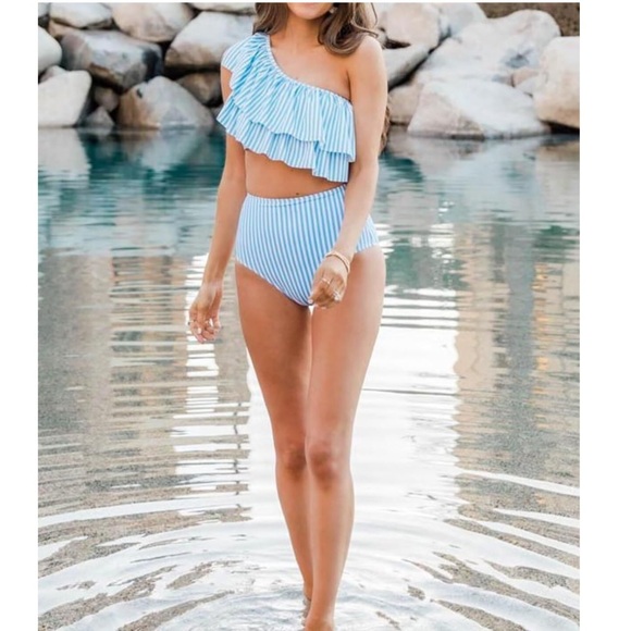 VIMPUNEC Ruffle One Shoulder Swimsuit Striped High Waisted bikini set -XXL - Picture 4 of 5